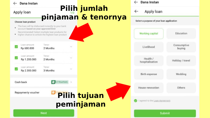 pilih jumlah pinjaman tenor dan tujuan peminjamannya