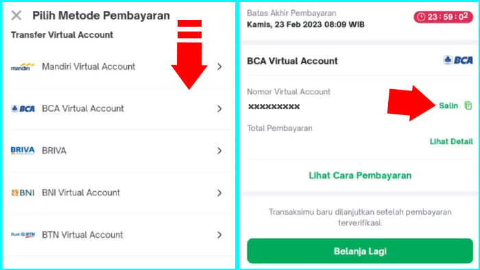 pilih metode pembayaran yang kamu suka lalu copy nomor rekening tujuan transfer untuk pembayarannya