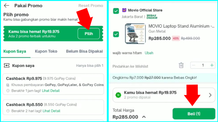 pilih pakai promo klik tombol beli barang toko tokopedia