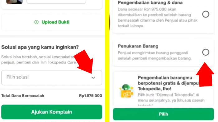 pilih solusi pengeembalian barang yang pembeli ajukan ke toped