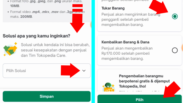 pilih solusi tukar barang atau kembalikan barang dan dana