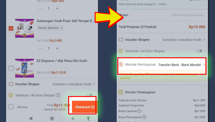 shopee keranjang saya checkout - pilih metode pembayaran