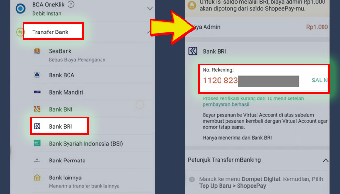 shopeepay isi saldo transfer bank bri - nomor rekening va salin