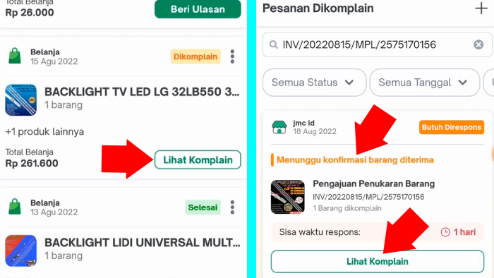 tahap akhir cara komplain ke tokopedia status menunggu konfirmasi baran diterima