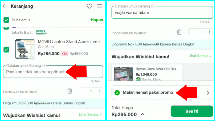 tambah catatan untuk barang pakai promo dari tokopedia