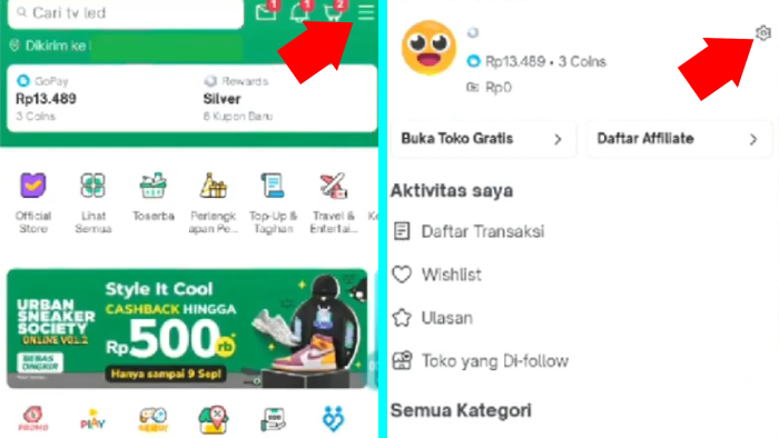 tap ikon 3 baris garis dan tap ikon gerigi dalam akun tokopedia