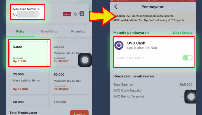 tokopedia nomor handphone - nominal pulsa - ovo points -