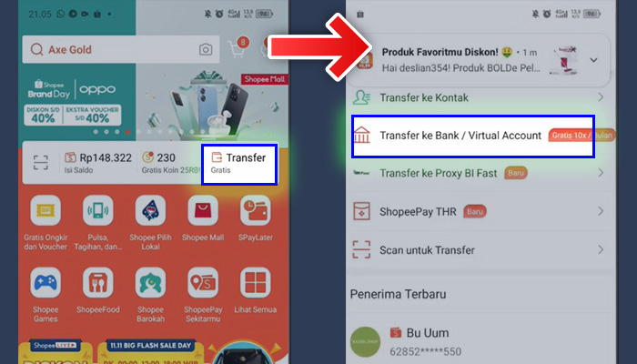 ShopeePay Transfer - Transfer ke Bank Virtual Account