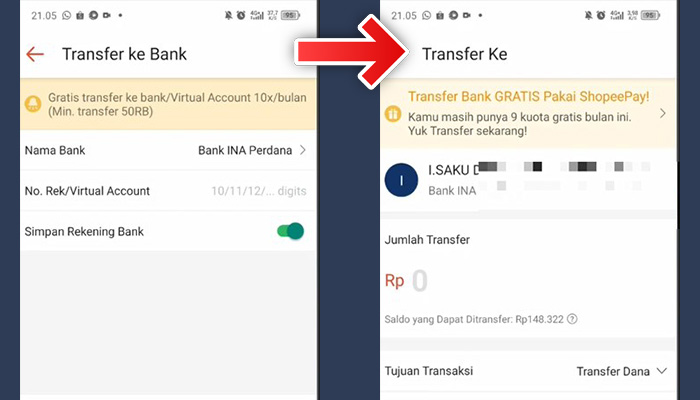 ShopeePay transfer Bank INA Perdana - Jumlah Transfer