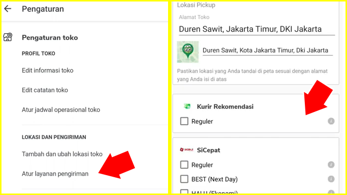 atur layanan pengiriman sesuaikan dengan layanan supplier