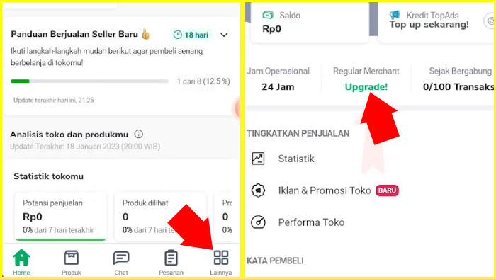 buka aplikasi tokopedia seller tap menu lainnya tag upgraded