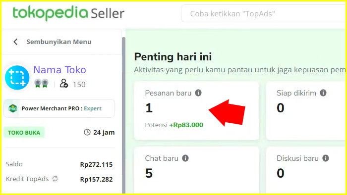 buka dashboard tokopedia seller lalu klik pesanan baru