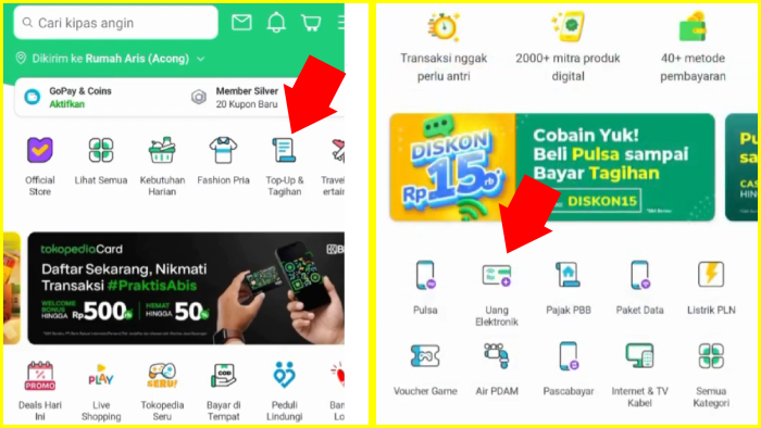 buka tokopedia tekan top up dan tagihan lalu tekan uang elektronik