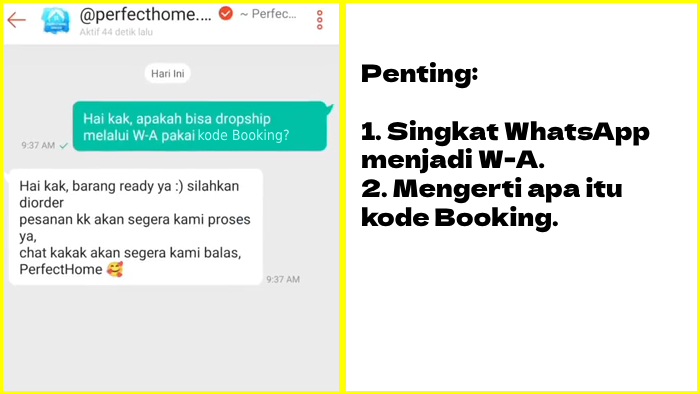 chat supplier dan kode booking dari tokopedia