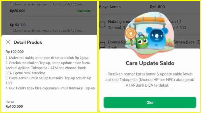 contoh detail nilai top up flazz di tokopedia dan cara update saldo