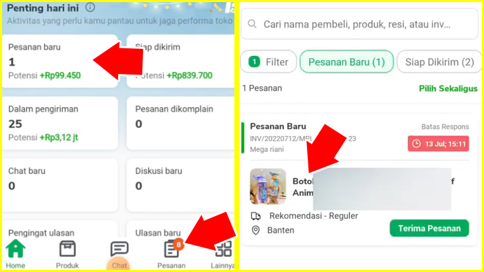 contoh pesanan dan detail pesanan yang masuk ke tokomu