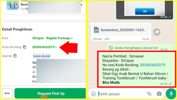 copy kode booking dan beli barang ke supplier via wa