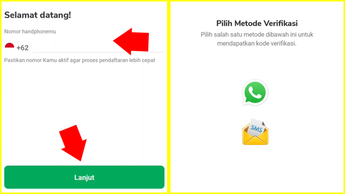 daftar dengan nomor hp aktif dan pilih metode verifikasi