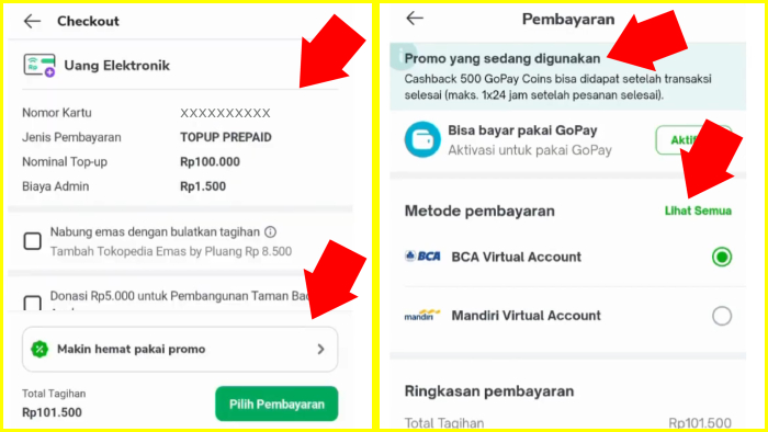 halaman checkout uang elektronik tokopedia dan halaman pembayaran