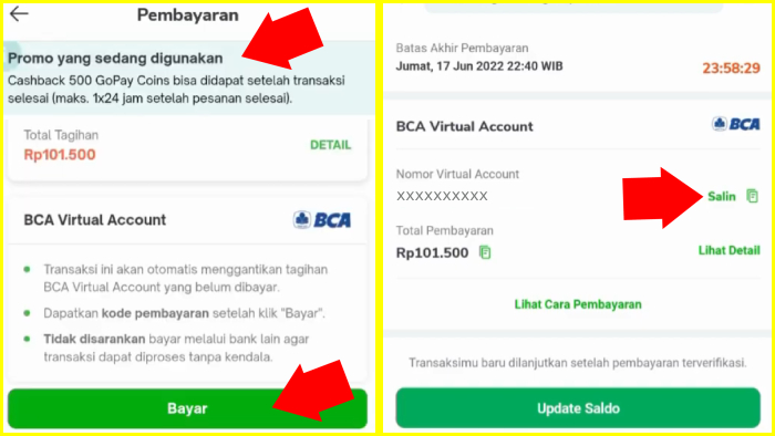 halaman pembayaran dengan metode bca virtual account klik tombol bayar tokopedia