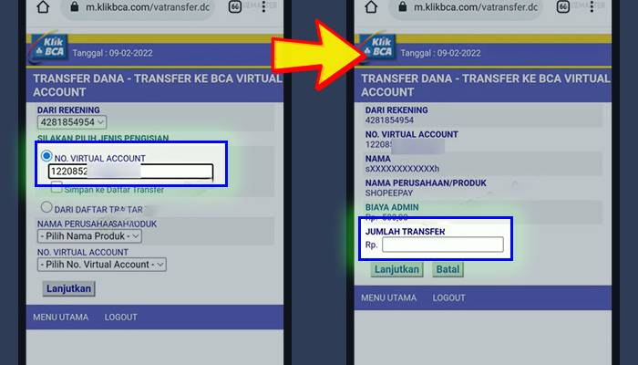 klikbca nomor virtual account va shopeepay - jumlah transfer