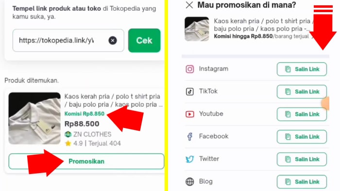 lihat komisi affiliate lalu pilih mau promosikan lewat apa link affilate tokopedianya