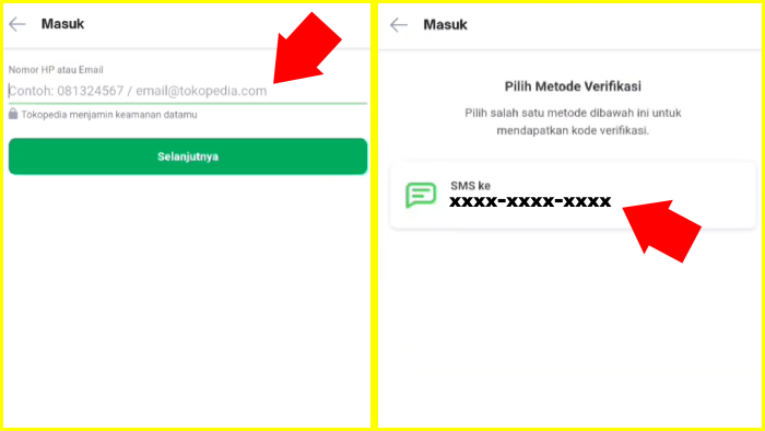 masuk dengan nomor akun tokopedia yang biasa verifikasi via sms