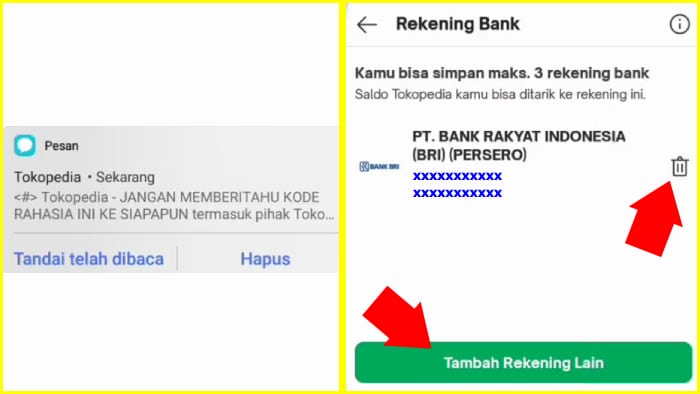 menu untuk tambah rekening lain dan hapus rekening dari tokopedia