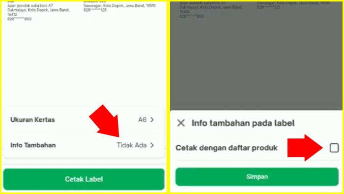 opsi cetak dengan daftar produk untuk info tambahan pada label tokopedia