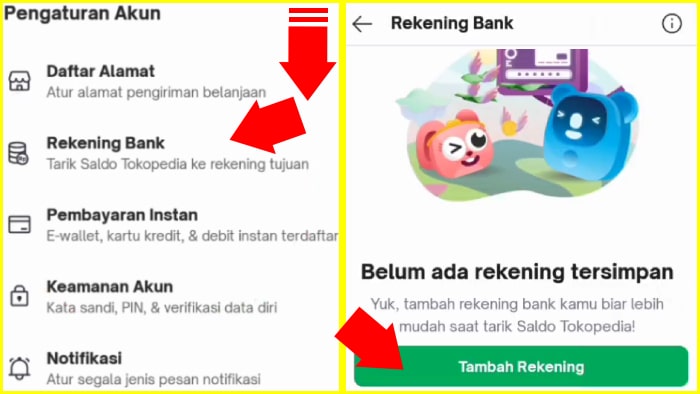 pengaturan akun tokopedia rekening bank dan tambah rekening