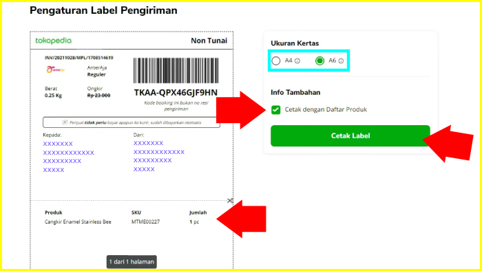 pengaturan label pengiriman tentukan ukuran kertas info tambahan tekan cetak label