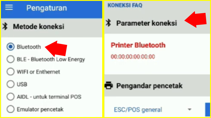 pengaturan rawbt bagian metode koneksi dan parameter koneksi