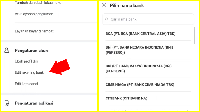 pengaturan rekening bank untuk penarikan penghasilan tokomu