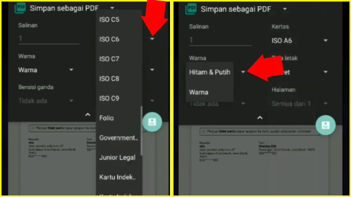 pengaturan ukuran kertas dan pengaturan warna hasil print resi tokopedia