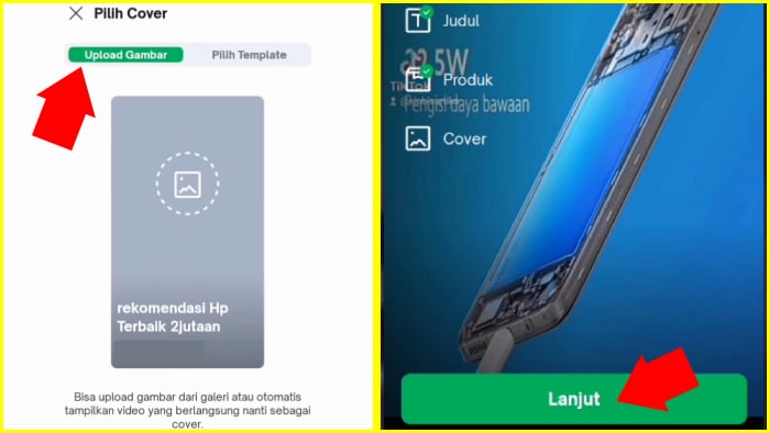 pilih cover upload gambar tap tombol lanjut tokopedia