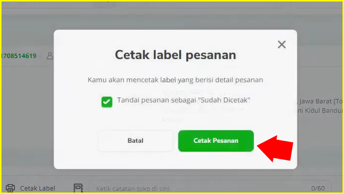 pop cetak label pesanan tekan tombol cetak pesanan