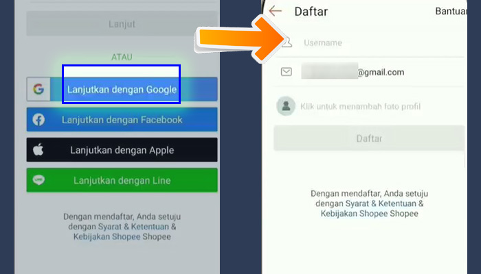 shopee daftar lanjutkan dengan google - username email