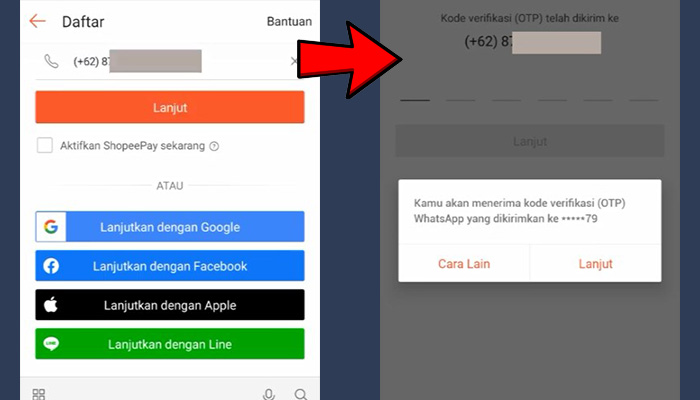 shopee daftar nomor handphone - kode otp