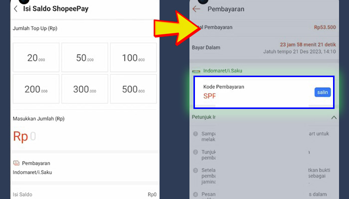 shopeepay indomaret isaku jumlah top up - kode pembayaran