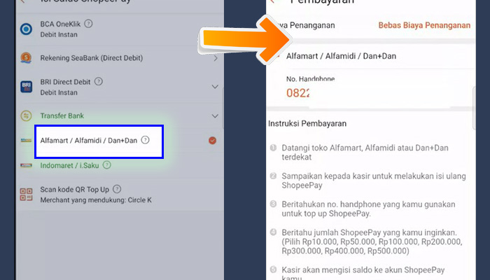 shopeepay isi ulang alfamart - nomor handphone