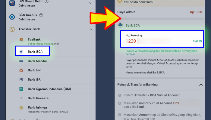 shopeepay isi ulang bank bca - kode va