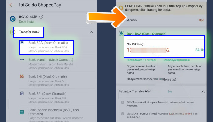 shopeepay isi ulang transfer bank bca - nomor rekening