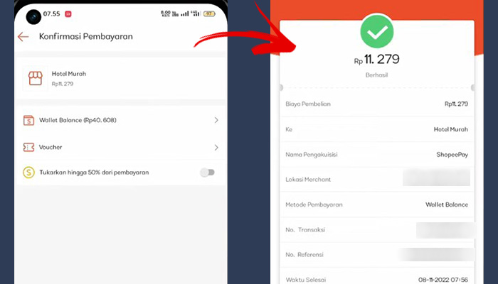 shopeepay konfirmasi pembayaran hotelmurah - transaksi berhasil