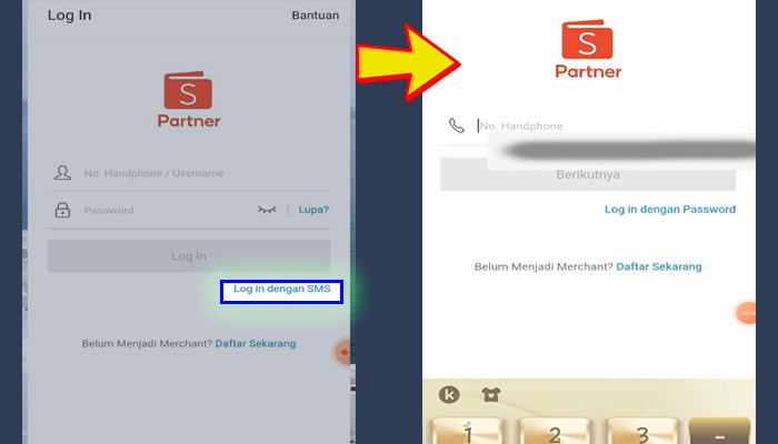 shopeepay partner login dengan sms - nomor handphone