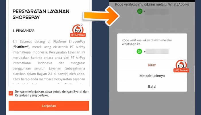 shopeepay persyaratan layanan shopeepay lanjutkan - kirim kode OTP