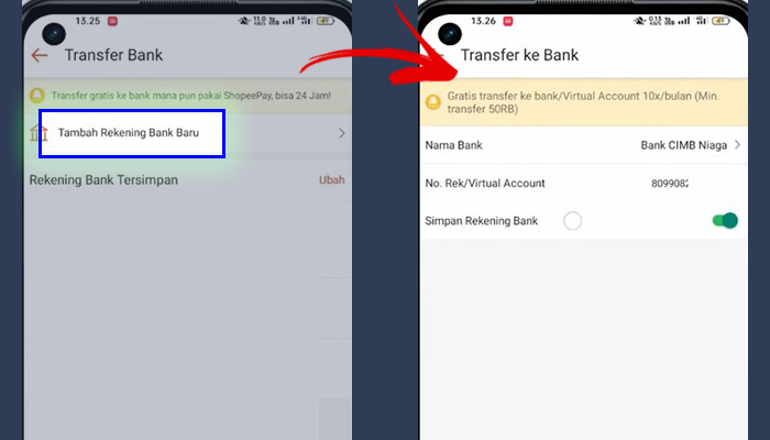 shopeepay tambah rekening bank baru - cimb niaga 8099