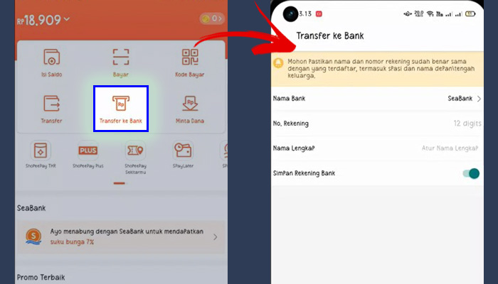 shopeepay transfer ke bank - seabank