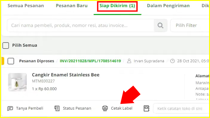 tab siap kirim lalu tekan menu cetak label tokopedia