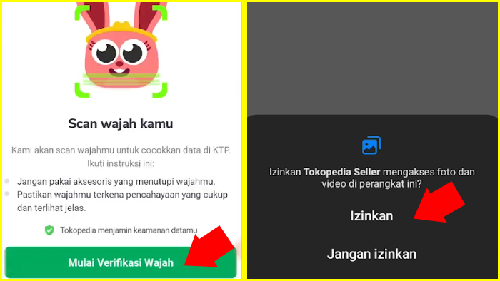 tahap scan wajah untuk upgrade ke power merchant dan izinkan tokopedia seller mengakses foto dan video