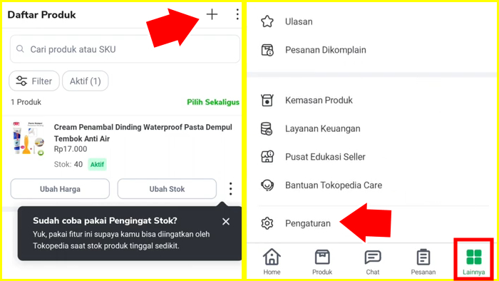 tambah produk dengan langkah yang sama kembali menu lainnya lalu pengaturan toko tokopediamu